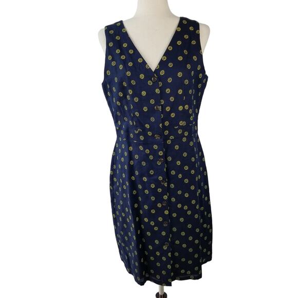 J Crew Navy Blue Yellow Flowers Sleeveless Linen Blend Dress Lovely Size 8 - Picture 1 of 9